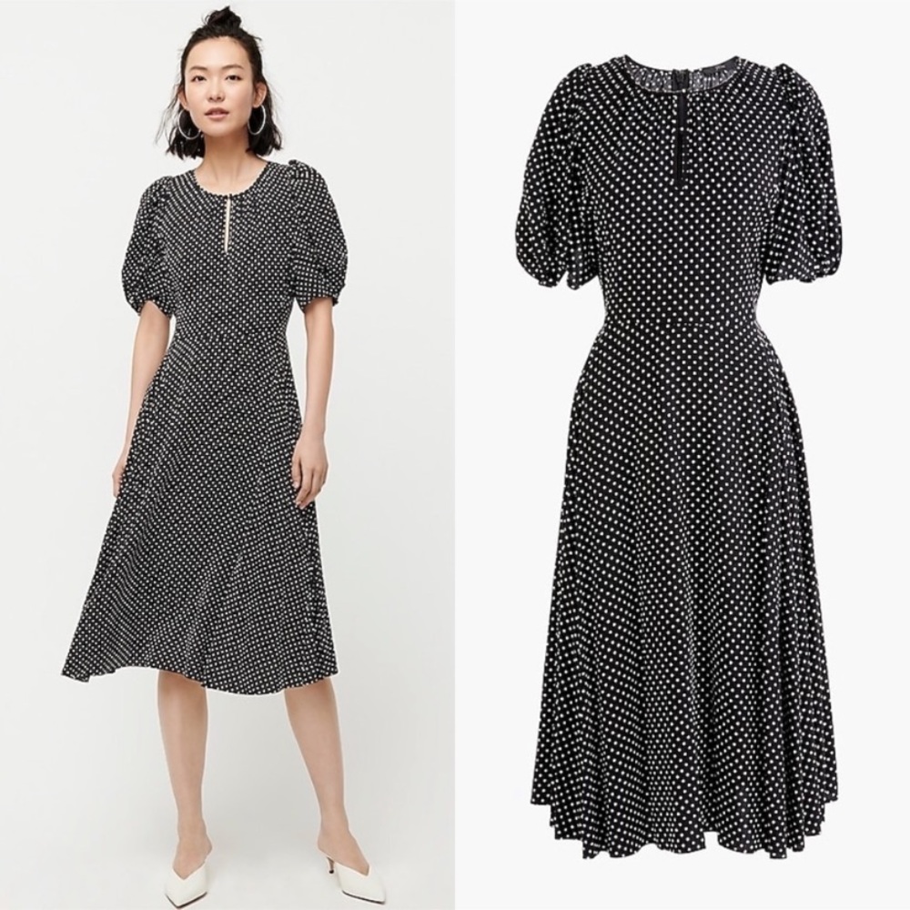 J.CREW Puff-Sleeve A-Line Dress in Black and White Dot Print